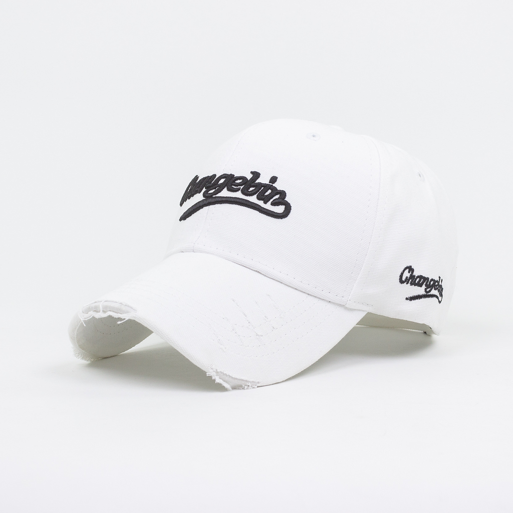 White cap with black text on a white background