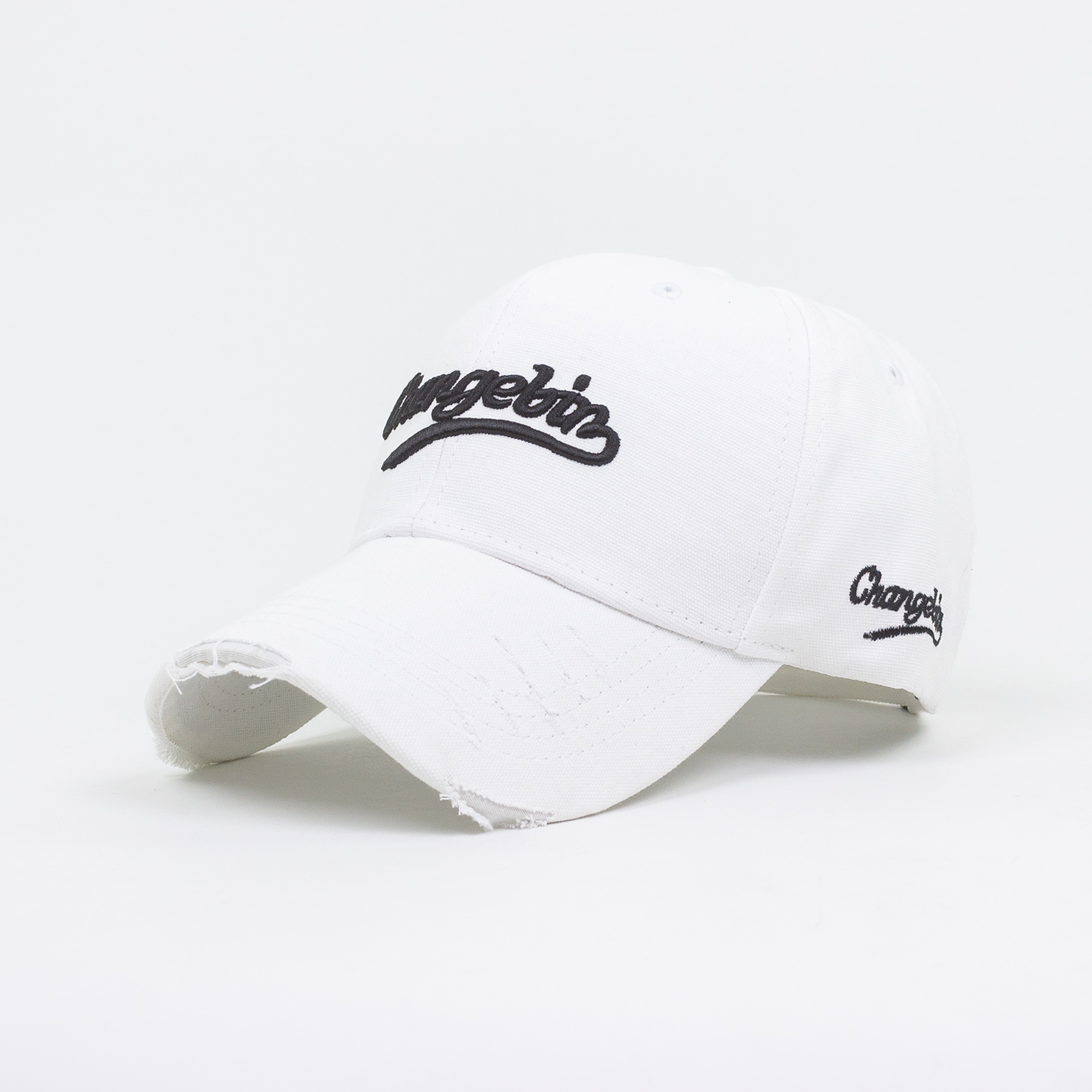 White cap with black text on a white background