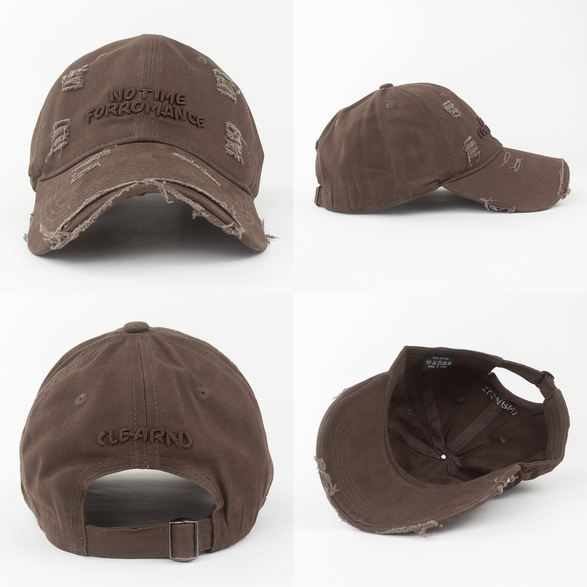 Brown distressed baseball cap shown from multiple angles on a white background