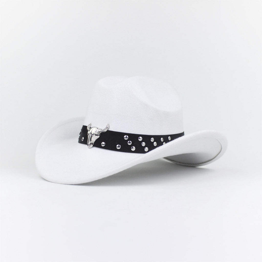 White cowboy hat with a black band featuring studs on a white background