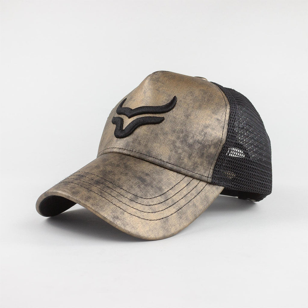 Brown baseball cap with black mesh back and logo on a white background